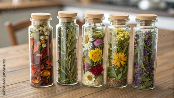 Fototapeta Five glass bottles filled with dried flowers and herbs sitting on a wooden surface in a bright setting - ai generated