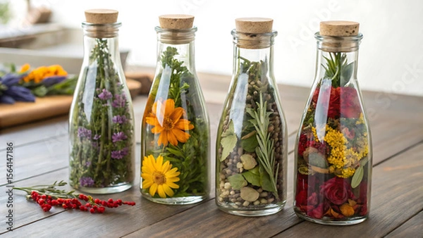 Fototapeta Still life of four glass bottles filled with colorful flowers and herbs on a wooden surface top - ai generated