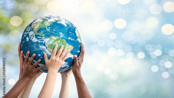 Fototapeta Earth Day Concept – Globe in Family Hands with Nature Background for Environmental Awareness