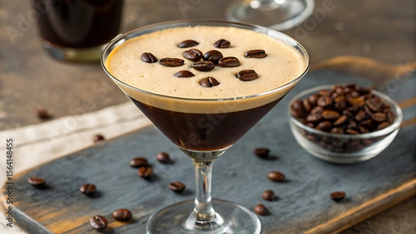 Fototapeta Espresso martini with coffee beans on top and a small bowl of beans on a wooden board near by - ai generated