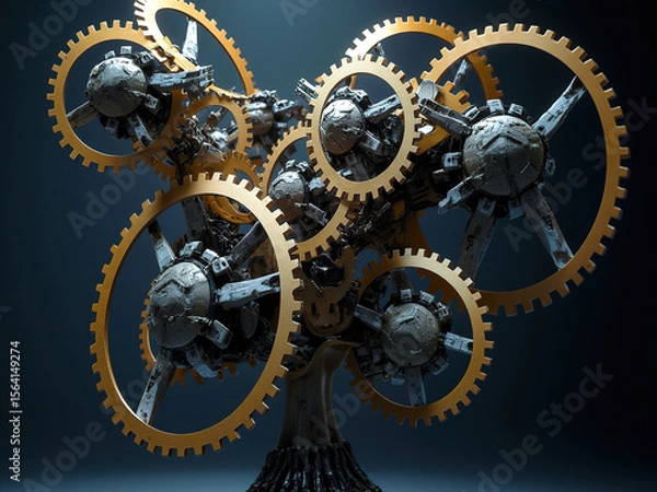 Fototapeta Abstract Mechanical Sculpture: Interconnected Gears and Rings in 3D Art