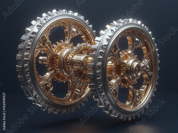 Fototapeta Abstract Mechanical Sculpture: Interconnected Gears and Rings in 3D Art