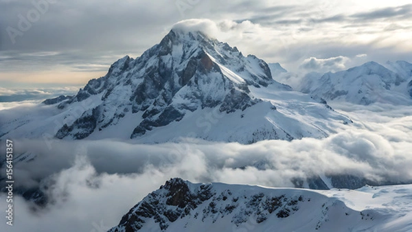 Fototapeta Snowy mountain peak piercing through a sea of clouds on a bright winter day landscape view scene - ai generated