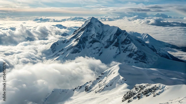 Fototapeta Snow covered mountain peak rising above a sea of clouds on a bright sunny day landscape view - ai generated