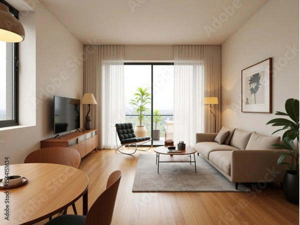 Fototapeta Modern Minimalist Living Room with City View