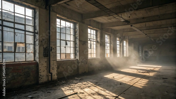 Fototapeta Sunlight streaming through windows in an abandoned industrial building with debris on the floor - ai generated