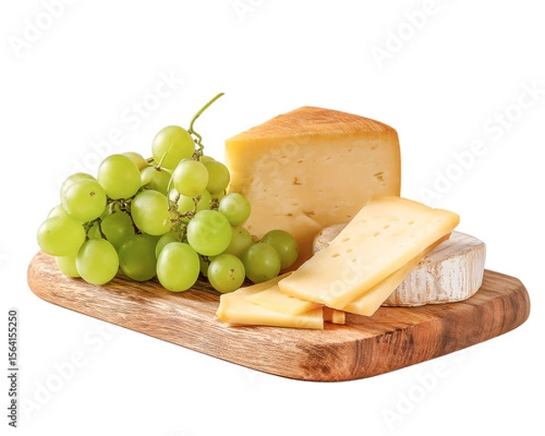 Fototapeta Cheese and grapes on board,isolated on white background