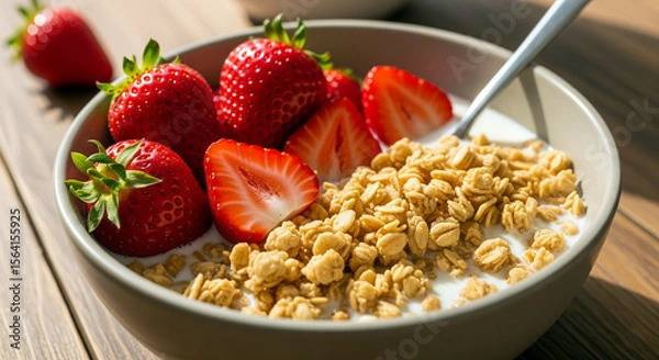 Fototapeta Bowl of cereal with strawberries. Created using generative AI tools