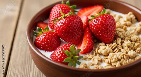 Fototapeta Bowl of cereal with strawberries. Created using generative AI tools