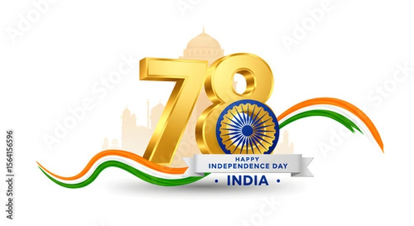 Obraz India independence day greeting card design element. Golden number seventy eight illustration. Ashoka chakra symbol with tricolor ribbon. India gate monument graphic