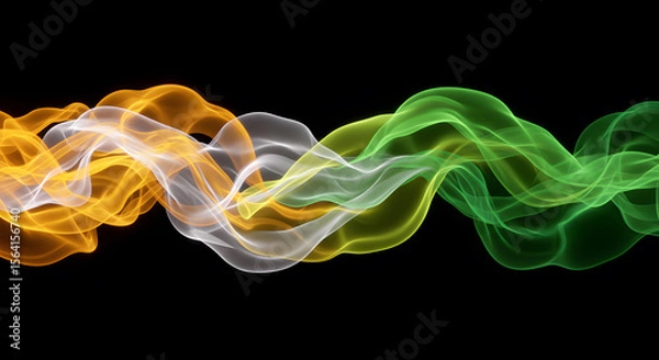 Fototapeta Abstract India flag color wave motion. Saffron white green smoke pattern on black background. National celebration design element. Tricolor light streak wallpaper