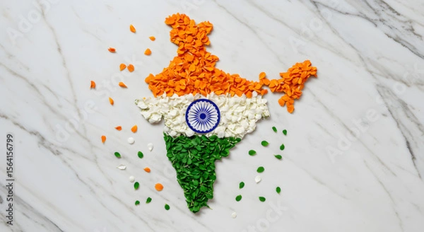 Obraz India map creative design from flower petal. Tricolor country shape on white marble texture. Patriotism concept with saffron green floral art