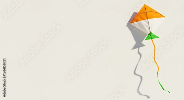 Fototapeta Minimal kite with saffron and green color. Celebration object with shadow on white wall. Indian festival concept with copy space for text
