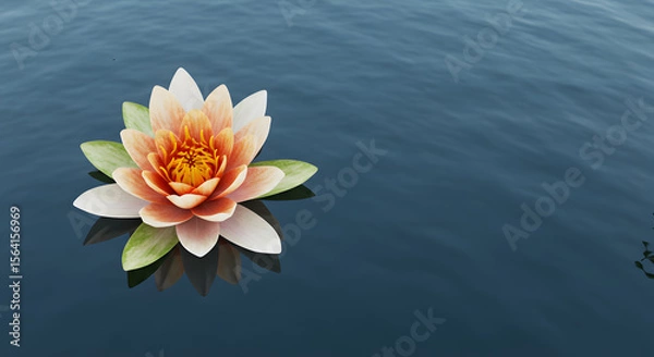 Obraz Beautiful lotus flower on blue water. Water lily background with reflection and copy space. Nature purity and zen concept for fresh wallpaper.