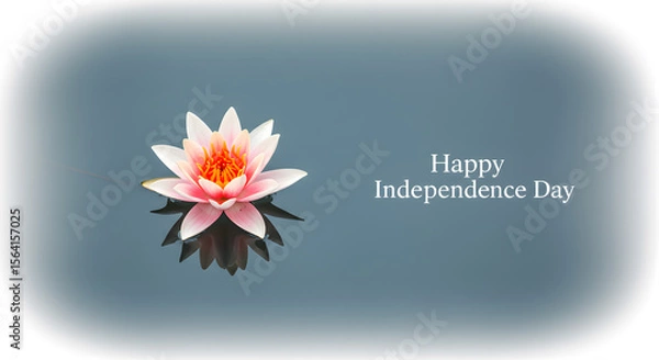 Fototapeta Happy independence day greeting card. Lotus flower with reflection on minimal background. National holiday celebration message with white frame design concept