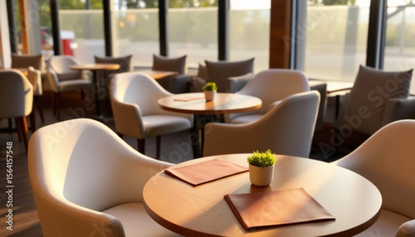 Fototapeta cafe interior with round wooden tables and chairs, shallow depth of field
