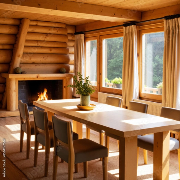 Fototapeta log cabin or restaurant with a long dining table and fireplace