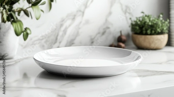 Fototapeta Empty white platter on marble surface