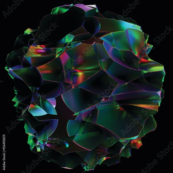Fototapeta Abstract holographic element. Delicate flowing glass fluid abstract sculpture transparent image. Colorful surreal shape isolated cutout 3d render. JPG. Crystal. black background 