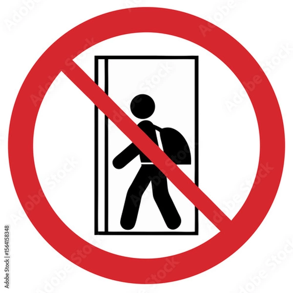 Fototapeta Restricted space – no big bags sign, prohibitive tone, person with a backpack exiting an elevator on a red background