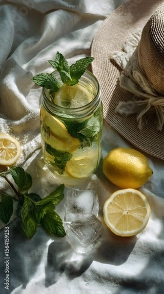 Fototapeta Homemade lemonade with fresh mint and citrus slices in glass, ice cubes and fabric napkin in airy, high-key flat lay for summer refreshment concept.
