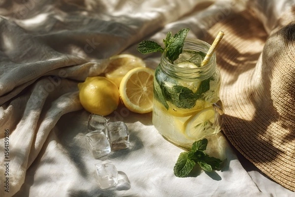 Fototapeta Iced lemonade with mint and lemon slices in a glass jar, surrounded by ice cubes and summer props. Minimal background, bright light, top-down view.