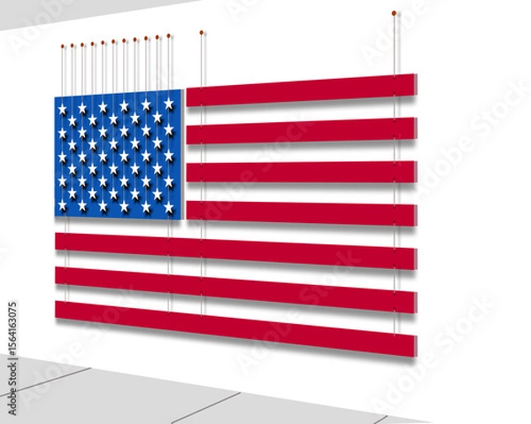 Obraz Held together by threads is this 3-d  flag sculpture seen in a 3-d illustration hanging on a wall. It's a metaphor for the USA being held together by a thread.