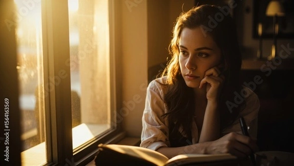 Obraz A thoughtful young caucasian woman with long dark hair, wearing a light shirt, gazes out a sunlit window, holding a pen over an open notebook, creating an atmosphere of introspection and creativity