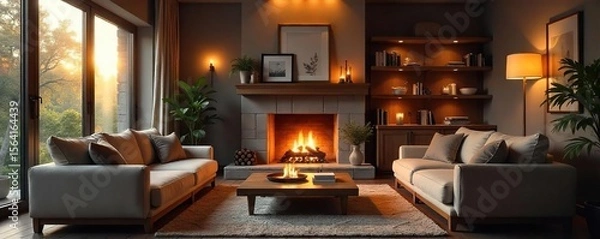 Fototapeta Relaxing Evening in a Cozy Living Room with Fireplace and Warm Lighting