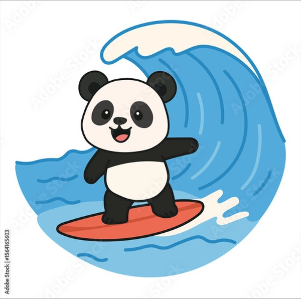 Fototapeta Kawaii panda surfing on a big wave, showcasing a playful and adventurous spirit. This cute and cheerful illustration is perfect for projects that need a fun, vibrant, and energetic design.