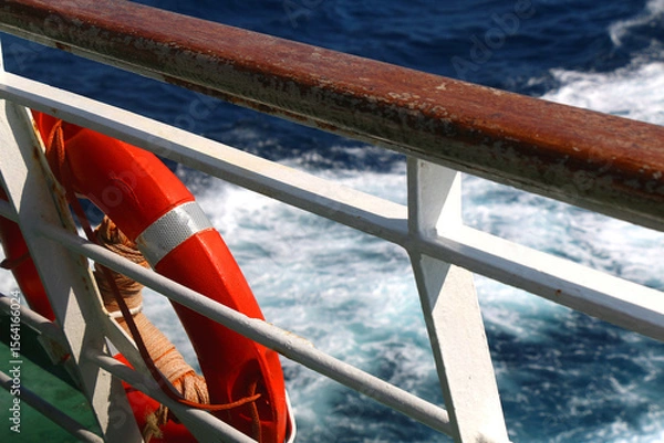 Obraz Lifebuoy on the boat. Selective focus.