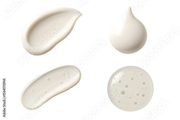 Obraz Four beige/white beauty product smears and drops on a black background, glossy textures
