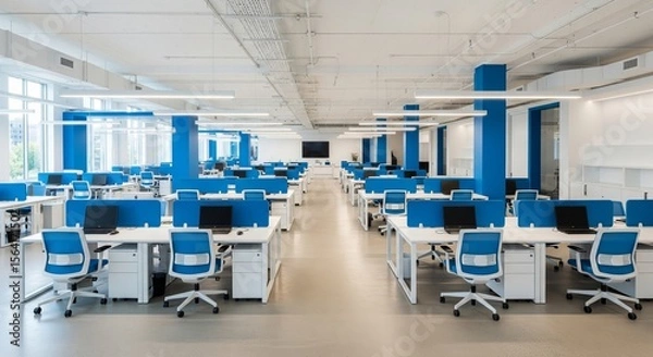 Fototapeta Spacious modern office with blue chairs and white desks in an open-plan layout