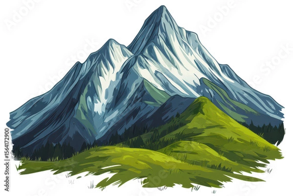 Fototapeta Mountain hikers pop art line logo in watercolor for outdoor adventure branding.