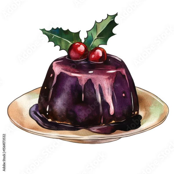 Fototapeta Plum pudding watercolor illustration isolated on transparent background, perfect for holiday menus and festive decor. PNG format.