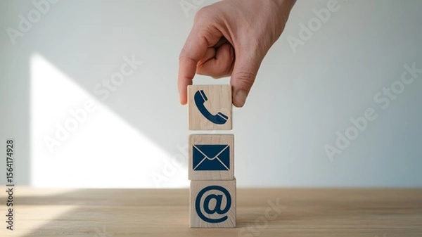Fototapeta Hand Stacking Wooden Blocks With Contact Icons Phone Email At Symbol Representing Communication Connection Support And Networking

