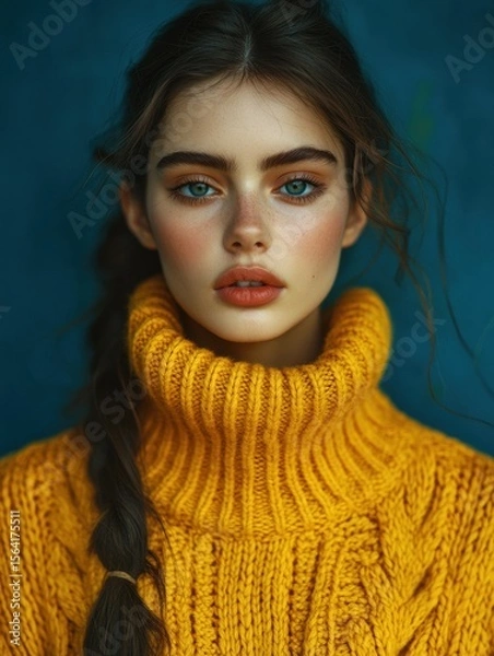 Obraz Cozy Autumn Elegance: Model in Vibrant Yellow Sweater