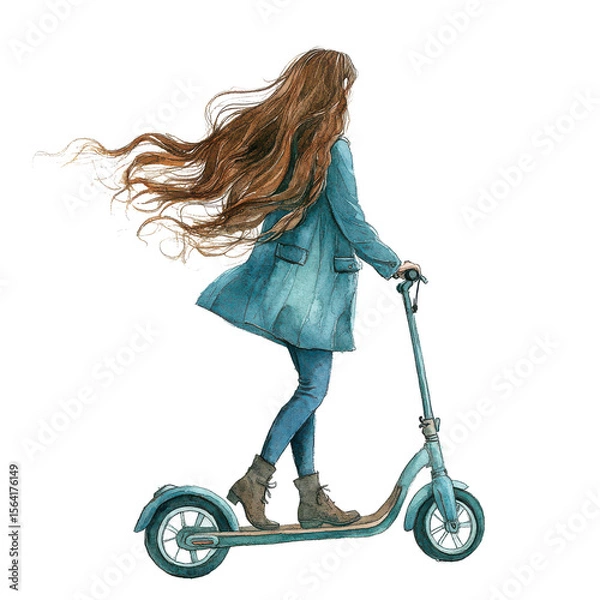 Fototapeta Woman with long hair riding a scooter, watercolor illustration isolated on transparent background. Perfect for lifestyle or city commuting themes.