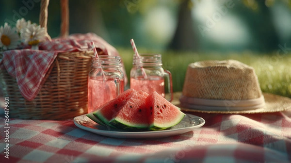 Fototapeta Fresh watermelon slices on a picnic table with straw hat and jars in a sunny outdoor setting