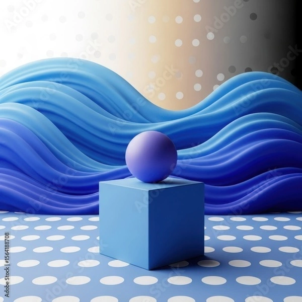 Fototapeta Abstract scene with a purple sphere resting on a blue cube against a backdrop of flowing blue waves and a dotted gradient background