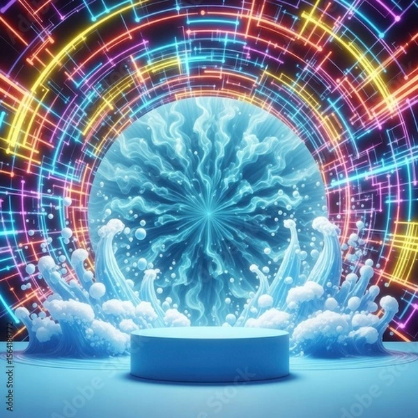 Fototapeta Futuristic neon portal with blue water waves and podium for product display and presentation