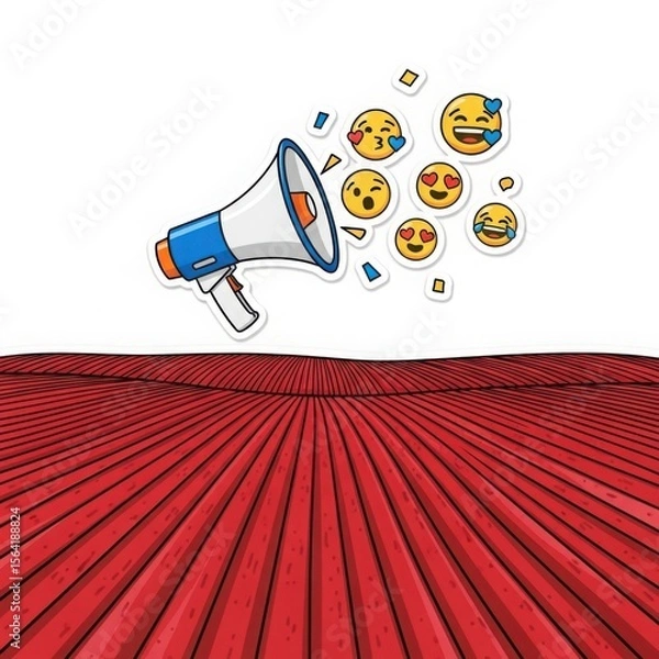 Fototapeta Brightly colored megaphone broadcasting a stream of happy and loving emojis into a vibrant red abstract landscape