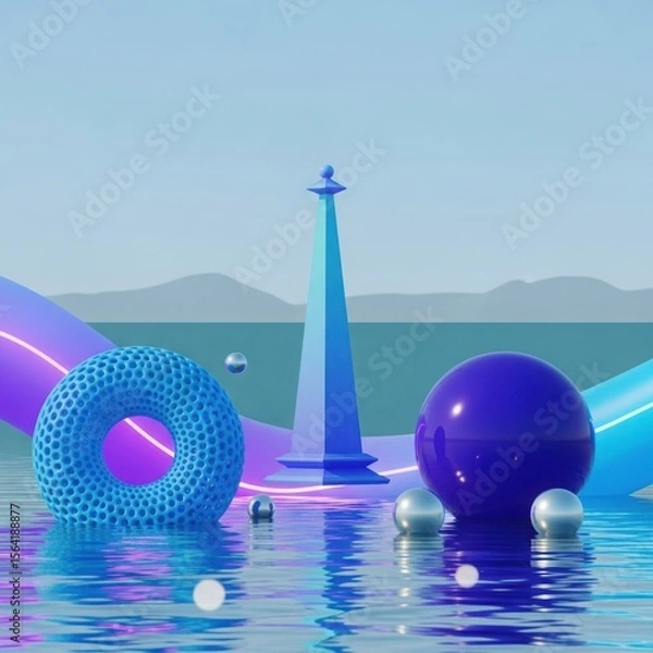 Fototapeta Abstract geometric shapes including a blue torus and a large purple sphere float on rippling water with mountains in the background