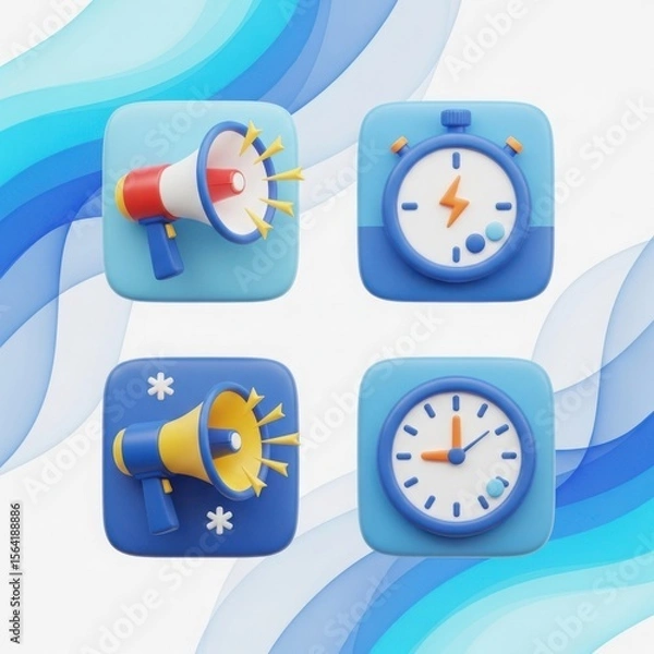 Fototapeta Four 3d icons featuring a red and white megaphone a blue stopwatch a blue and yellow megaphone with snowflakes and a blue clock against a soft blue wavy background