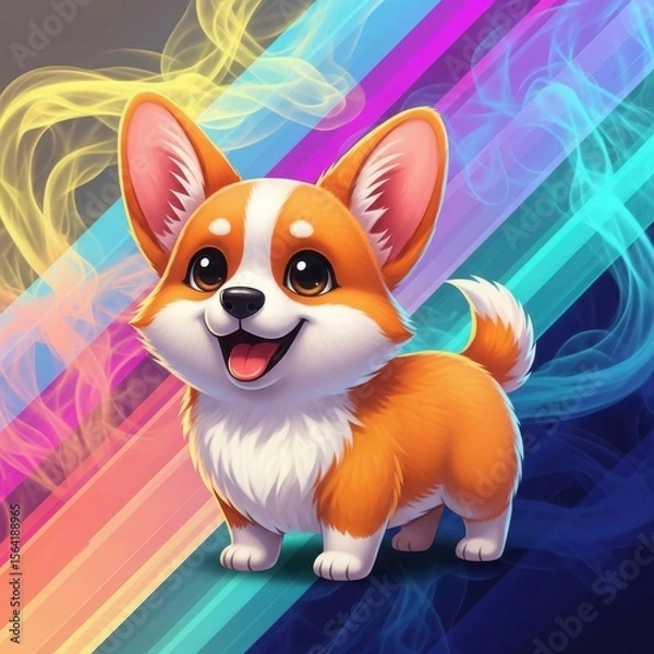 Fototapeta Adorable cartoon pembroke welsh corgi puppy with big ears and a happy smile against a vibrant abstract background of colorful smoke and stripes