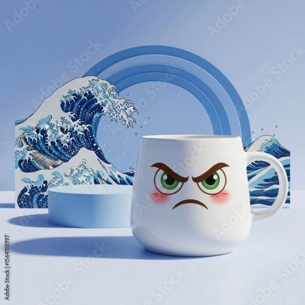 Fototapeta A white ceramic mug with an angry emoji face and blushing cheeks sits on a light blue podium with a stylized japanese wave background