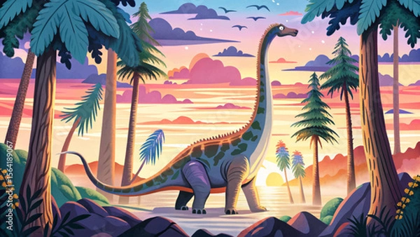 Fototapeta Brachiosaurus towers above ancient trees in a mistless rainforest, capturing the grandeur and scale of this gentle giant in a lush, prehistoric world