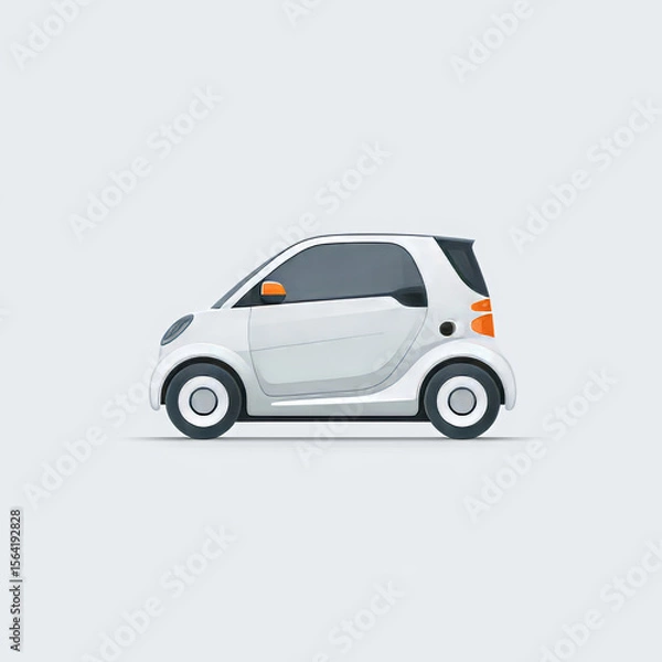 Fototapeta Compact Electric Car – Minimalist side view of a small white EV with modern design. Ideal for clean energy, urban transport, and sustainable mobility illustrations.