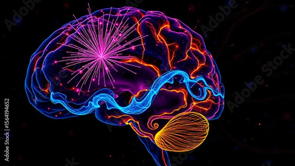 Obraz Multispectral microscope (16:9) of the limbic system in the human brain during love: dopamine (pink fireworks), oxytocin (blue waves), serotonin (golden swirls).