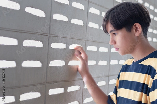 Fototapeta A teenage boy gently touches a patterned cement wall, staring through the light holes with a curious and introspective gaze.